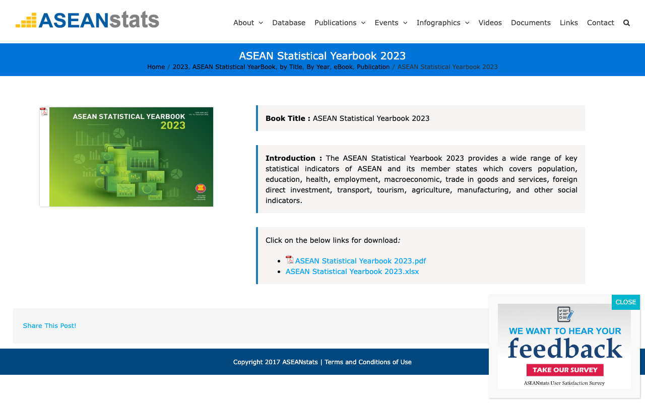 ASEANstats publication page for the ASEAN Statistical Yearbook 2023 with download links
